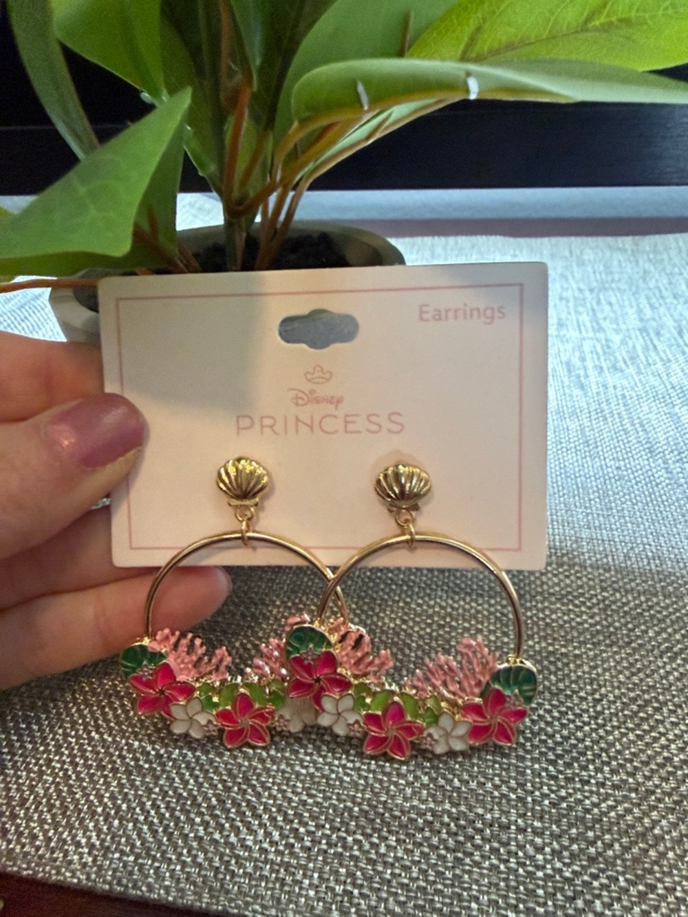 Disney Gold Hoop Earrings with Pink, White & Green Floral Accents